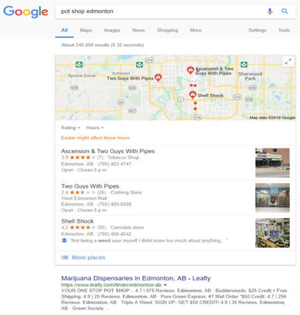 Google My Business Result for Pot Shop Edmonton