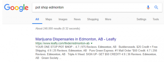 Organic Listing Results Page for Pot Shop Edmonton