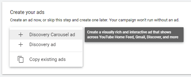 A screenshot of a Google Discovery campaign format
