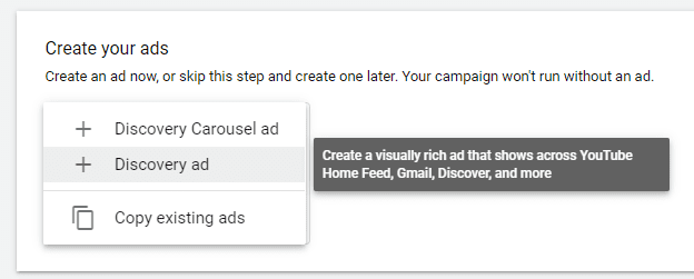 A screenshot of a Google Discovery campaign format