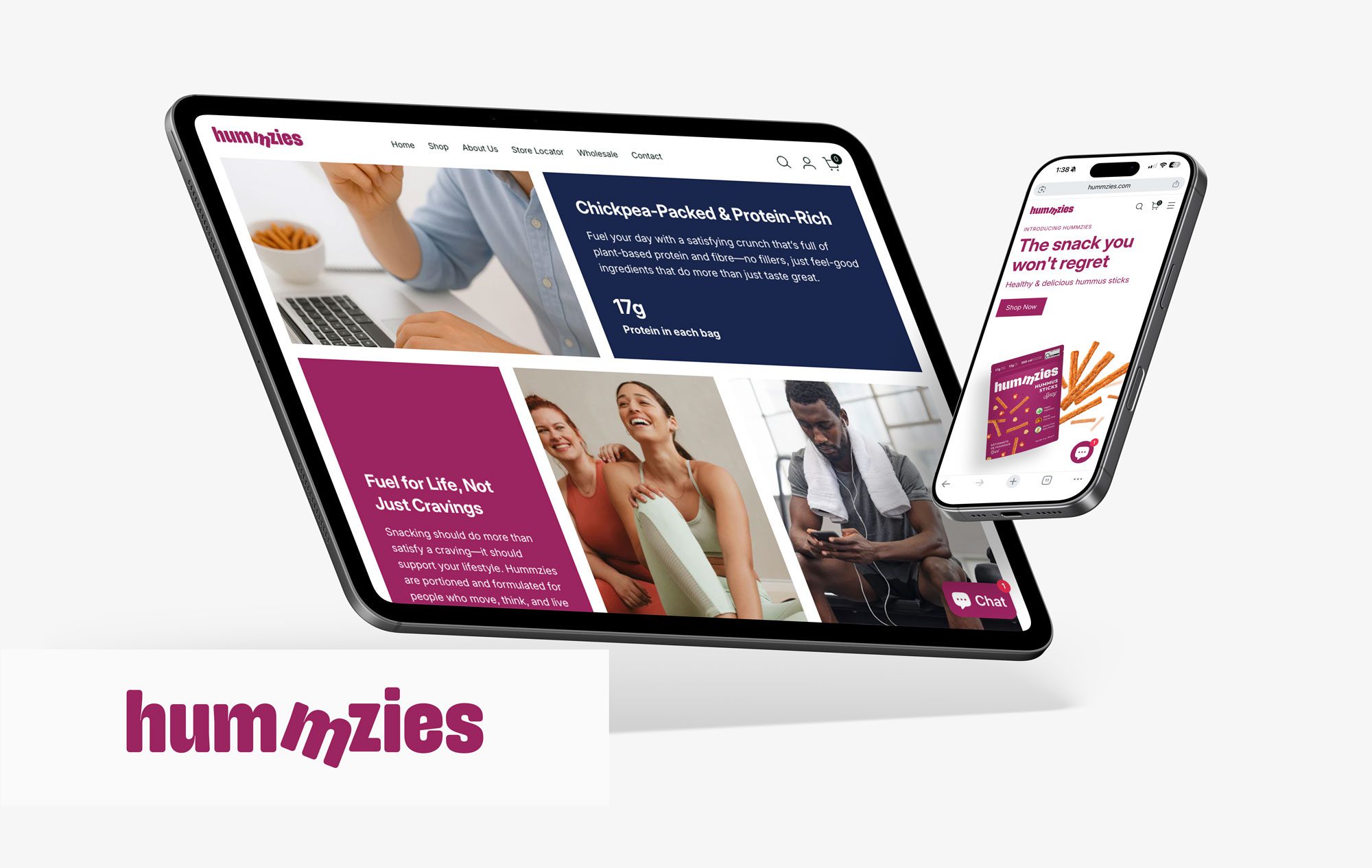 Mockup of the Hummzies website displayed on tablet and smartphone screens. The homepage features bright brand colors with text reading 'Chickpea-Packed & Protein-Rich' and 'Fuel for Life, Not Just Cravings.' The design highlights healthy, protein-rich hummus snacks for active lifestyles and showcases Top Draw’s responsive web design and SEO optimization work.