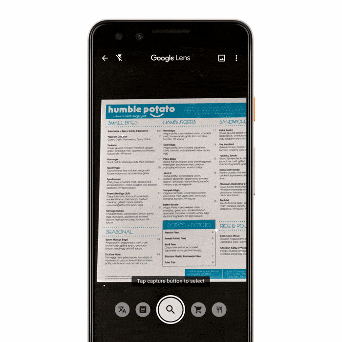 Restaurant menu being scanned with Google Lens to display dish reviews and ratings